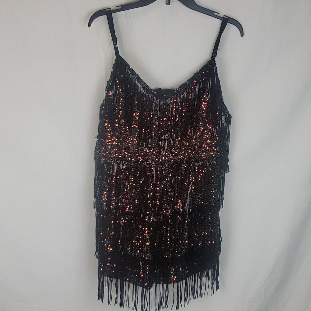 Double Crazy 3XL Copper & Green Sequin Black Tassel Bodysuit